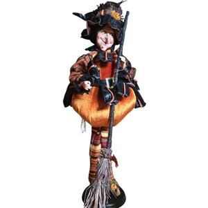 Autumn Halloween Pumpkin Bum Whimsical Witch Doll 25” Tall Holding Broomstick